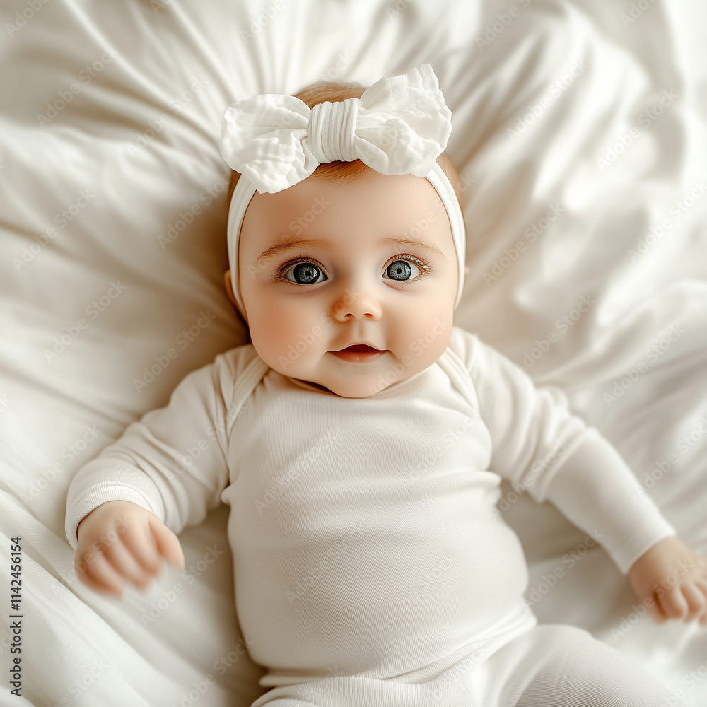a cute little baby girl lying on bed looking at camera a cute little baby girl lying on bed looking at camera