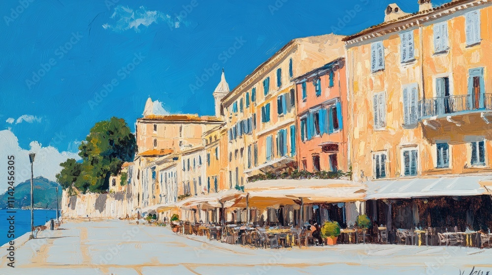 Fototapeta premium View of buildings and restaurants on the Liston Esplanade, Corfu Old Town