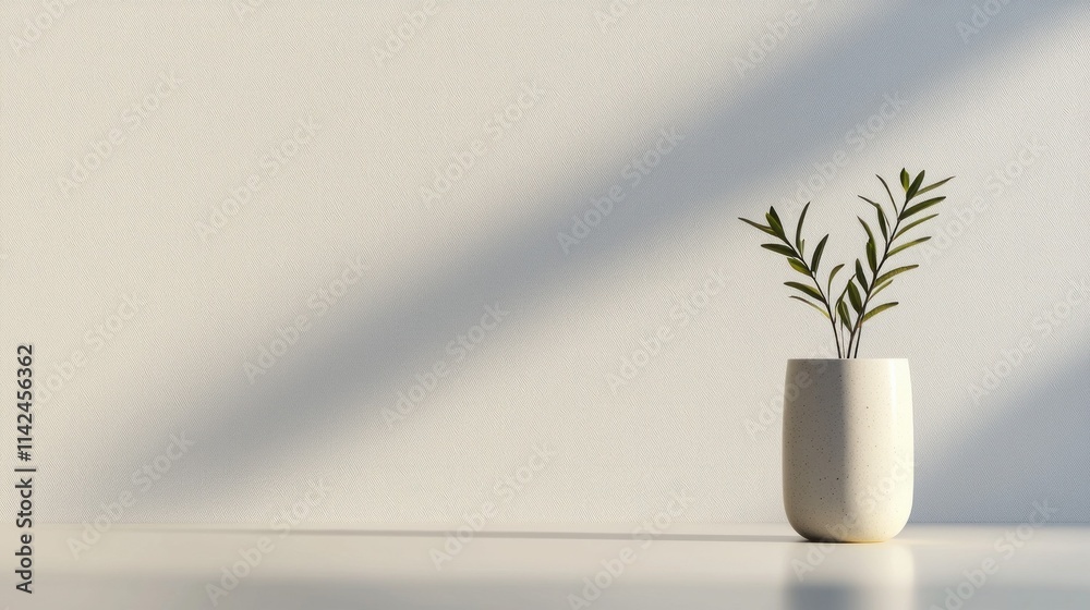 A minimalist scene featuring a small plant in a white vase, set against a light wall with gentle shadows creating a serene atmosphere. A minimalist scene featuring a small plant in a white vase, set against a light wall with gentle shadows creating a serene atmosphere.
