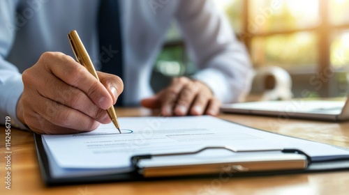 A person writes on a document with a pen, sitting at a desk, with a warm light background creating a professional atmosphere.