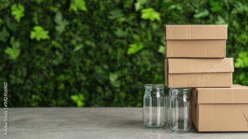 Neatly Stacked Cardboard Boxes with Green Background