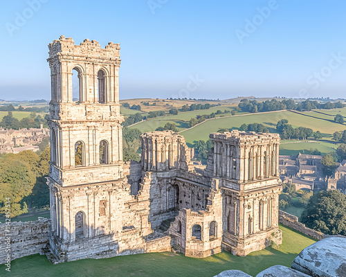 Bolton Priory Ruins, Yorkshire Dales, England; Sunrise landscape; Historical tourism. photo