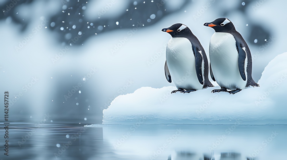 Fototapeta premium Two Gentoo penguins on a small iceberg in snowy Antarctica, looking towards the viewer.