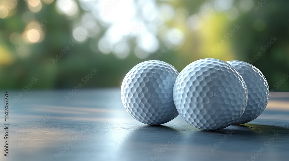 Three Golf Balls on a Table with a Blurred Green Background Three Golf Balls on a Table with a Blurred Green Background