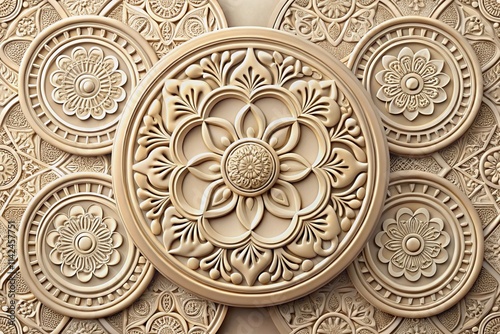 Elegant embossed wallpaper background featuring intricate circular medallion motifs with ornate floral and geometric details. photo