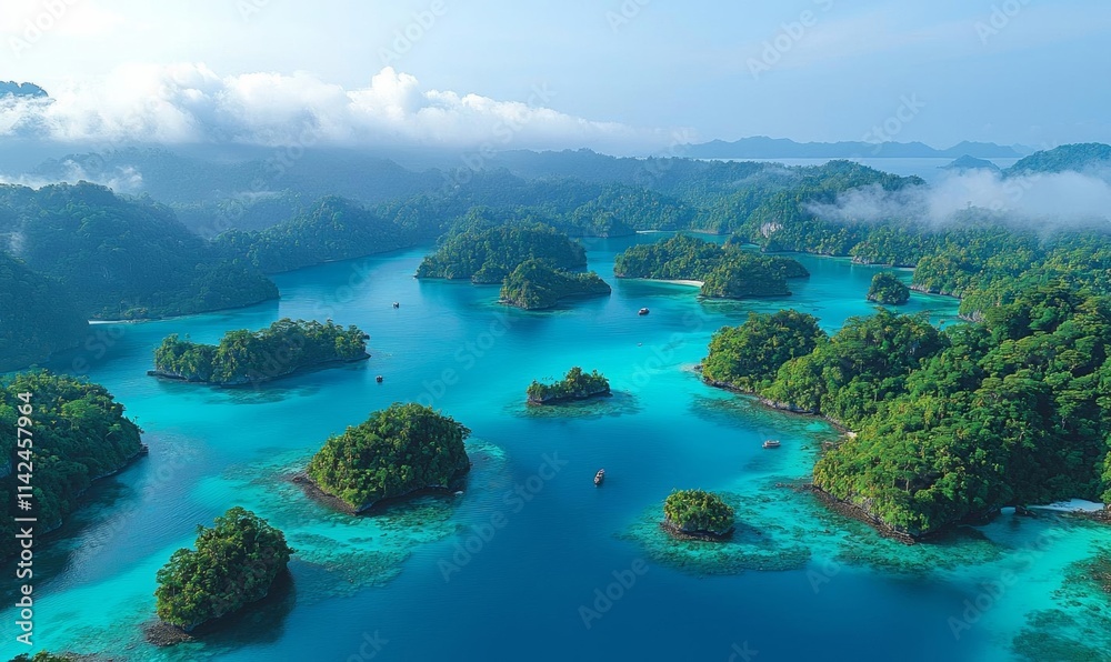 Birds eye view shot of scattered islands covered in greenery , isolated on white background,  , copy space, copy space for text,
