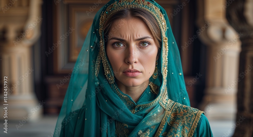 Caucasian woman serious wearing teal traditional attire looking on camera Caucasian woman serious wearing teal traditional attire looking on camera