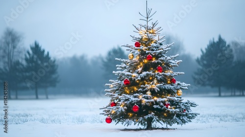 A front view of a brightly lit Christmas tree on a snowy field, adorned with vibrant red and gold ornaments and sparkling lights