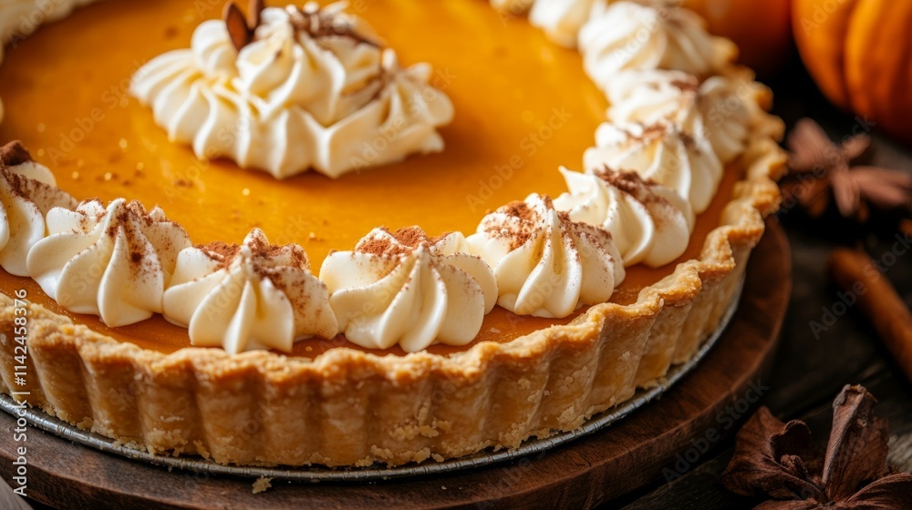 Close-up of a delicious pumpkin pie with whipped cream and cinnamon. Autumn flavors! Close-up of a delicious pumpkin pie with whipped cream and cinnamon. Autumn flavors!