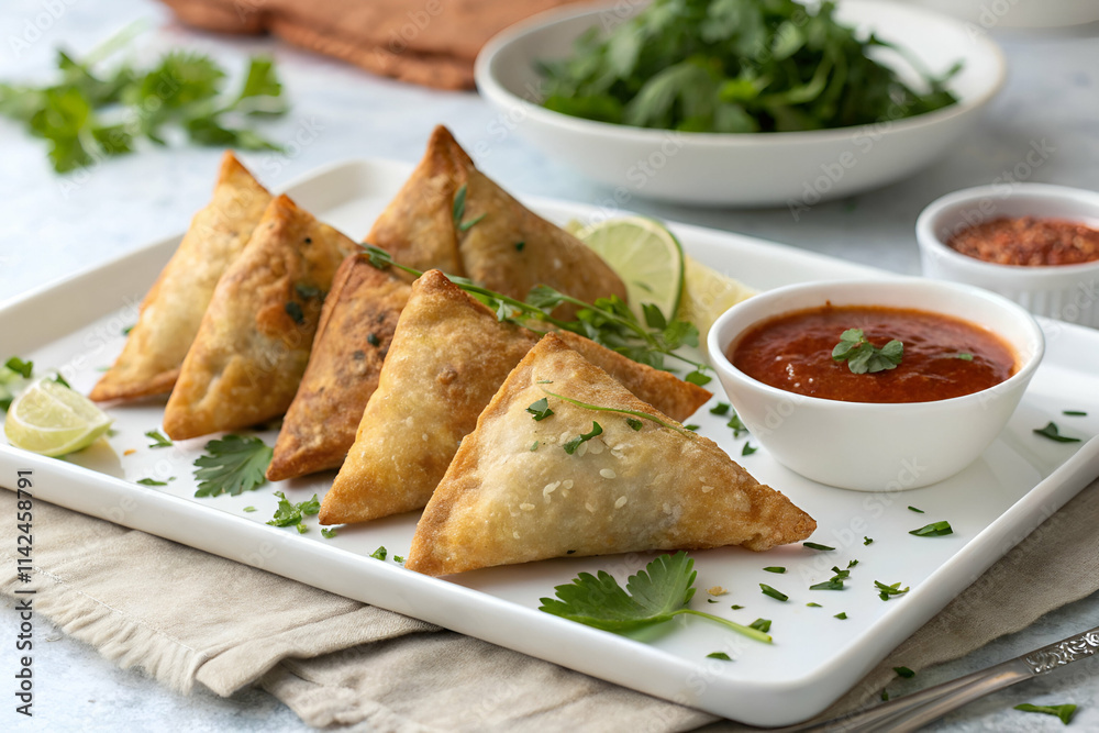 Golden, crispy samosas served with tangy sauce and fresh herbs on a white platter, highlighting a delicious Indian snack. Golden, crispy samosas served with tangy sauce and fresh herbs on a white platter, highlighting a delicious Indian snack.