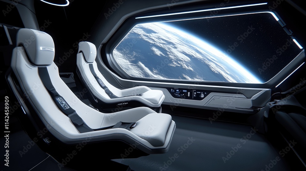 Futuristic Space Interior with Seats and Earth View from Window Futuristic Space Interior with Seats and Earth View from Window