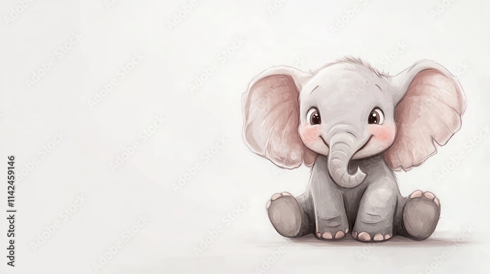 Curious sitting baby elephant, soft colored cartoon, white.