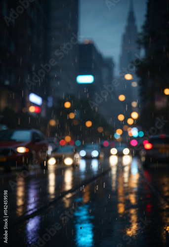 Rainfall on city streets, urban background, stormy clouds, wet environment