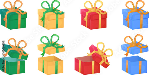 Set of colorful Christmas gift boxes in green, yellow, red, and blue with ribbons and bows. Open and closed gift boxes isolated on white background. Design for greeting card, invitation, poster