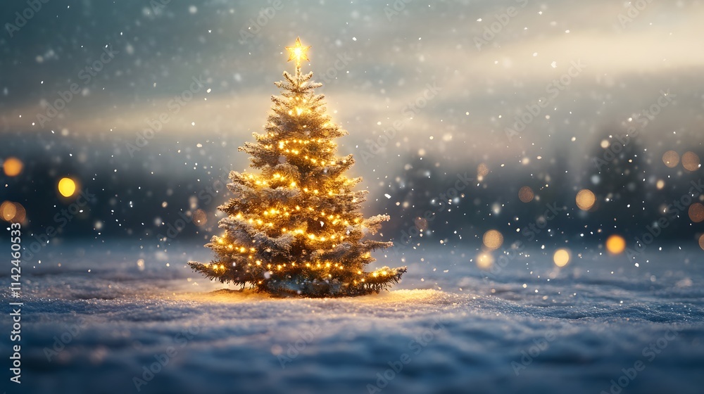 A front view of a Christmas tree glowing warmly on a snow-covered plain, its decorations shimmering softly in golden tones A front view of a Christmas tree glowing warmly on a snow-covered plain, its decorations shimmering softly in golden tones