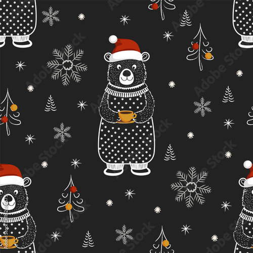 bear in christmas hat drinking tea seamless pattern