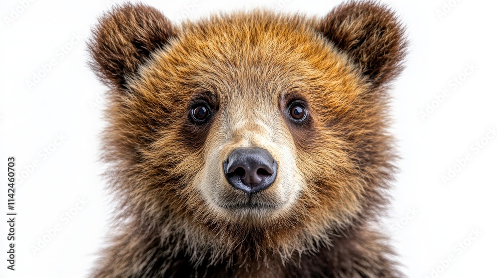 Obraz premium Close-up Portrait of Adorable Brown Bear with Expressive Eyes Against White Background, Capturing the Beauty of Wildlife and Nature in Stunning Detail
