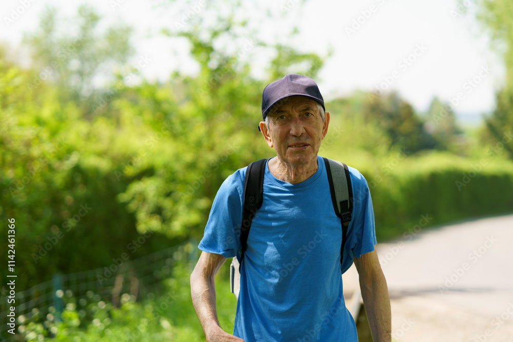Portrait of senior asian man with backpack walking on the road Portrait of senior asian man with backpack walking on the road