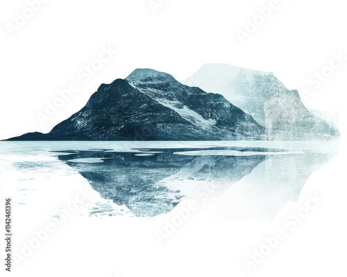 Montain reflection on calm water with dreamy landscape, white isolated background