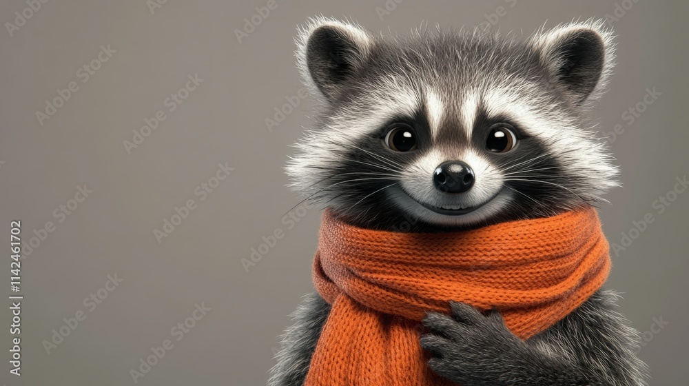 Obraz premium Adorable raccoon wearing a cozy orange scarf. Smiling and happy!