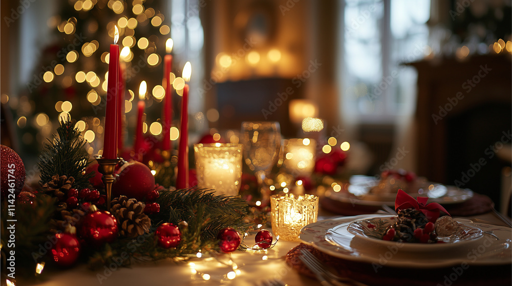 close-up A family enjoying a quiet New Year’s dinner at home, with a beautifully set table and festive ambiance close-up A family enjoying a quiet New Year’s dinner at home, with a beautifully set table and festive ambiance