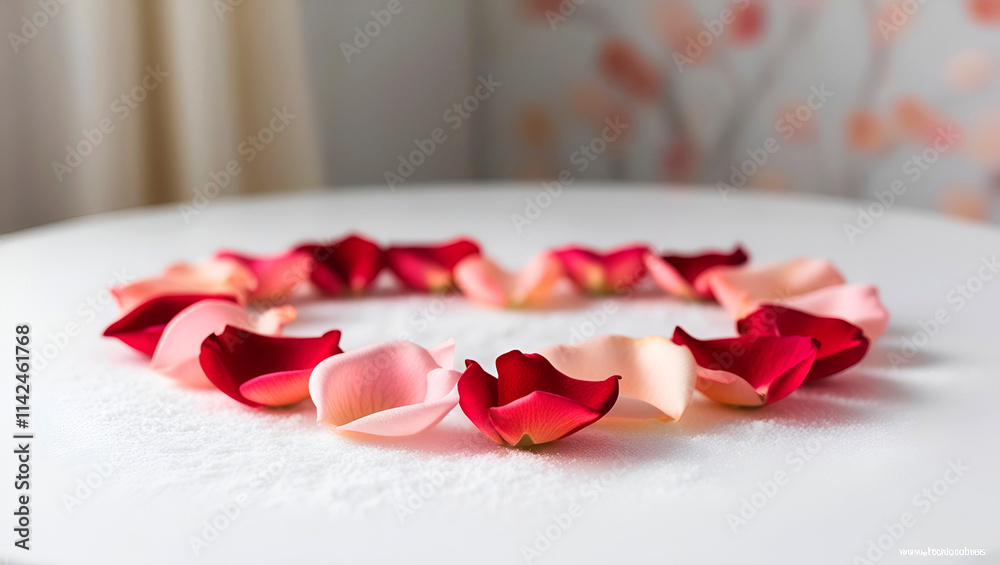 Rose petals are laid out in the shape of a heart on the table. Rose petals are laid out in the shape of a heart on the table.