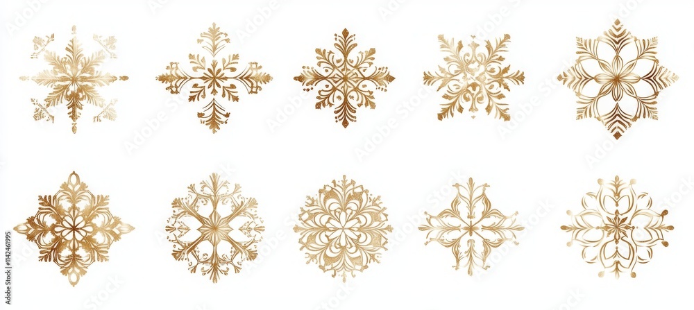 Elegant Gold Snowflakes on White Background in Rows and Columns for Festive Decorative Designs Elegant Gold Snowflakes on White Background in Rows and Columns for Festive Decorative Designs