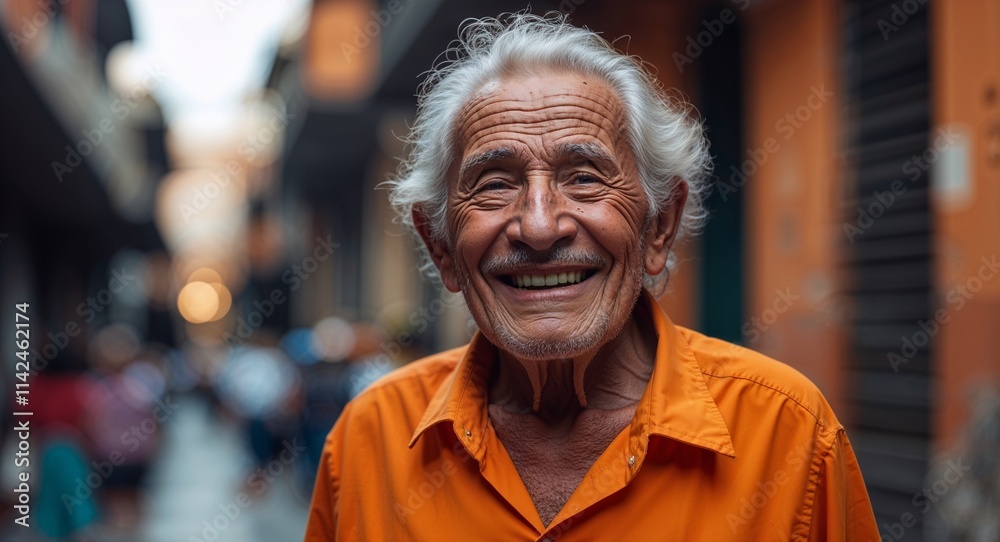 Hispanic elderly man happy wearing orange blouse looking on camera Hispanic elderly man happy wearing orange blouse looking on camera