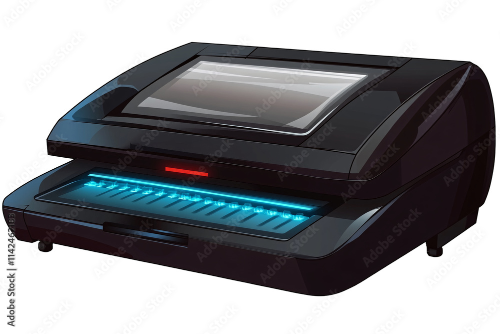 a black printer with a screen and blue lights a black printer with a screen and blue lights