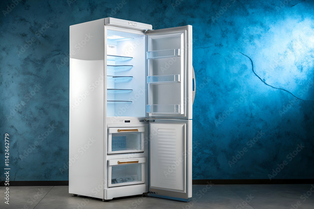 A modern refrigerator with an open door, showcasing its spacious interior against a stylish blue background. A modern refrigerator with an open door, showcasing its spacious interior against a stylish blue background.