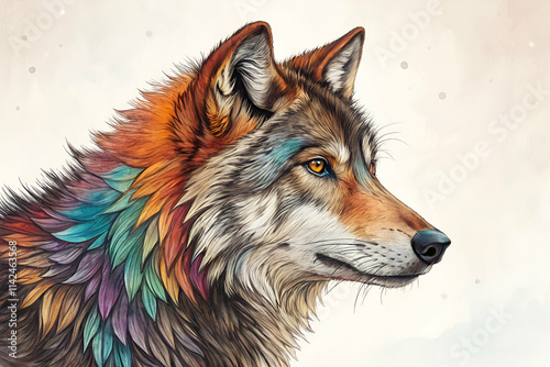 Wallpaper Mural A colorful, artistic depiction of a wolf featuring vibrant feather-like fur, blending realism with imaginative design. Torontodigital.ca