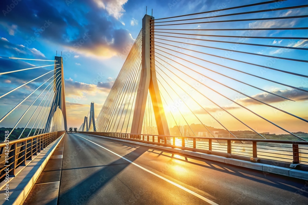Fototapeta premium Cablestayed Bridge, Automotive Cable-Stayed Bridge, Car Bridge, Highway Bridge, Suspension Bridge, Modern Bridge Architecture, Civil Engineering, Infrastructure, Transportation, Road Bridge, 