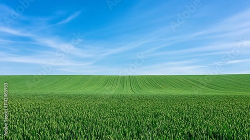 Wide-Angle View of Vast Open Green Field Under Bright Blue Sky With Copyspace