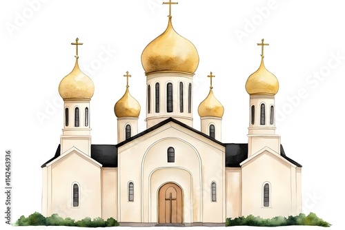 Elegant Church with Golden Domes and Crosses