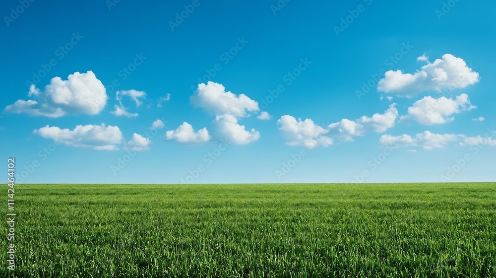 Obraz premium Vast Open Grassy Meadow Under Bright Blue Sky with Fluffy White Clouds Scenic Landscape