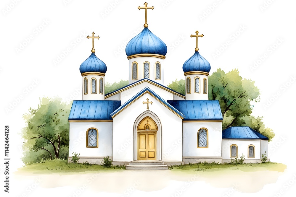 Elegant Blue Dome Church in Serene Landscape