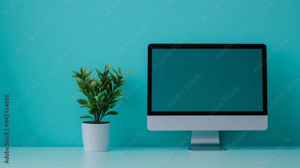 Minimalist Desk Setup with Potted Plant and Abstract Data on Computer Screen Minimalist Desk Setup with Potted Plant and Abstract Data on Computer Screen