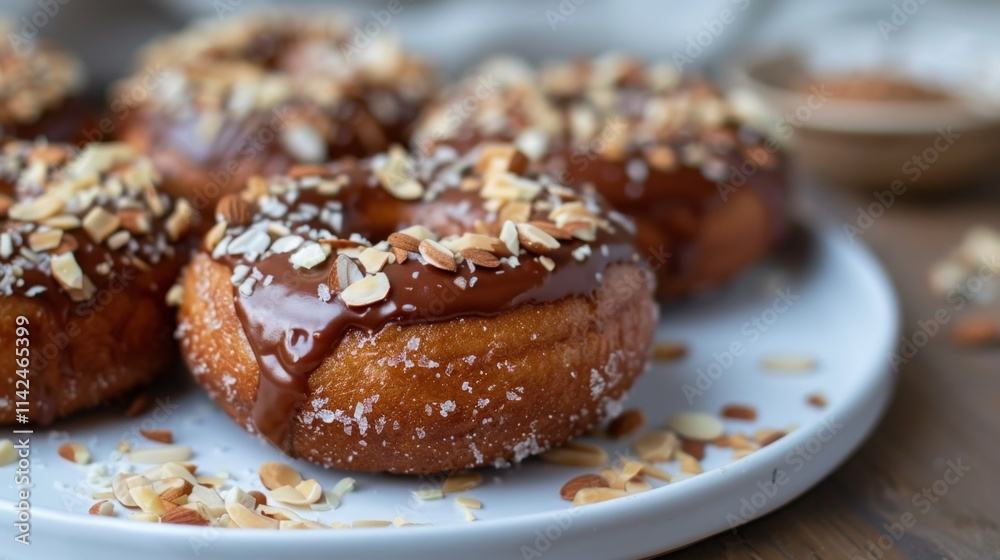 golden donuts coated in glossy chocolate glaze and sprinkled with toasted almond flakes, golden donuts coated in glossy chocolate glaze and sprinkled with toasted almond flakes,