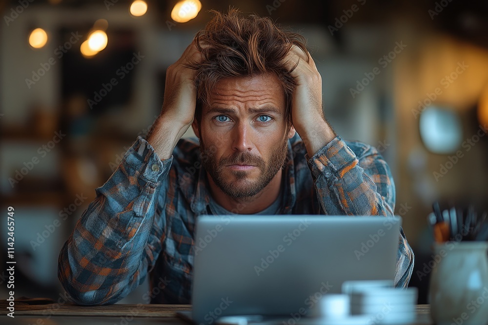 A man grabbing his hair in frustration looks at his laptop screen. Generative AI A man grabbing his hair in frustration looks at his laptop screen. Generative AI