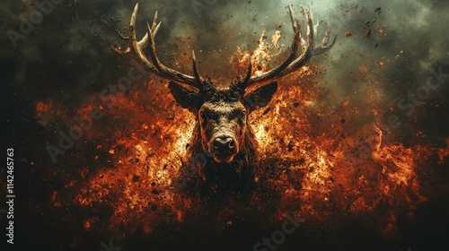 Majestic Stag Emerges from Fiery Background with Intense Flames and Smoke, Symbolizing Power and Nature's Unstoppable Force in a Dramatic Scene