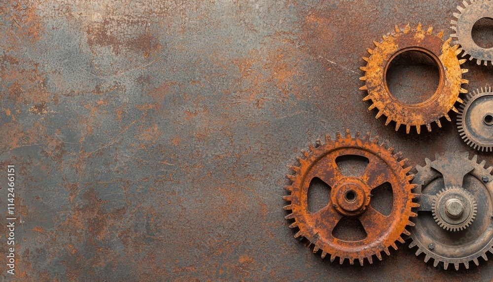 A collection of rusty gears on a textured surface, showcasing industrial design and vintage aesthetics. A collection of rusty gears on a textured surface, showcasing industrial design and vintage aesthetics.