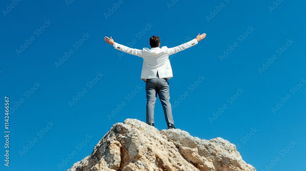 Businessman Standing Triumphantly on Mountain Summit,Celebrating Personal Victory Businessman Standing Triumphantly on Mountain Summit,Celebrating Personal Victory