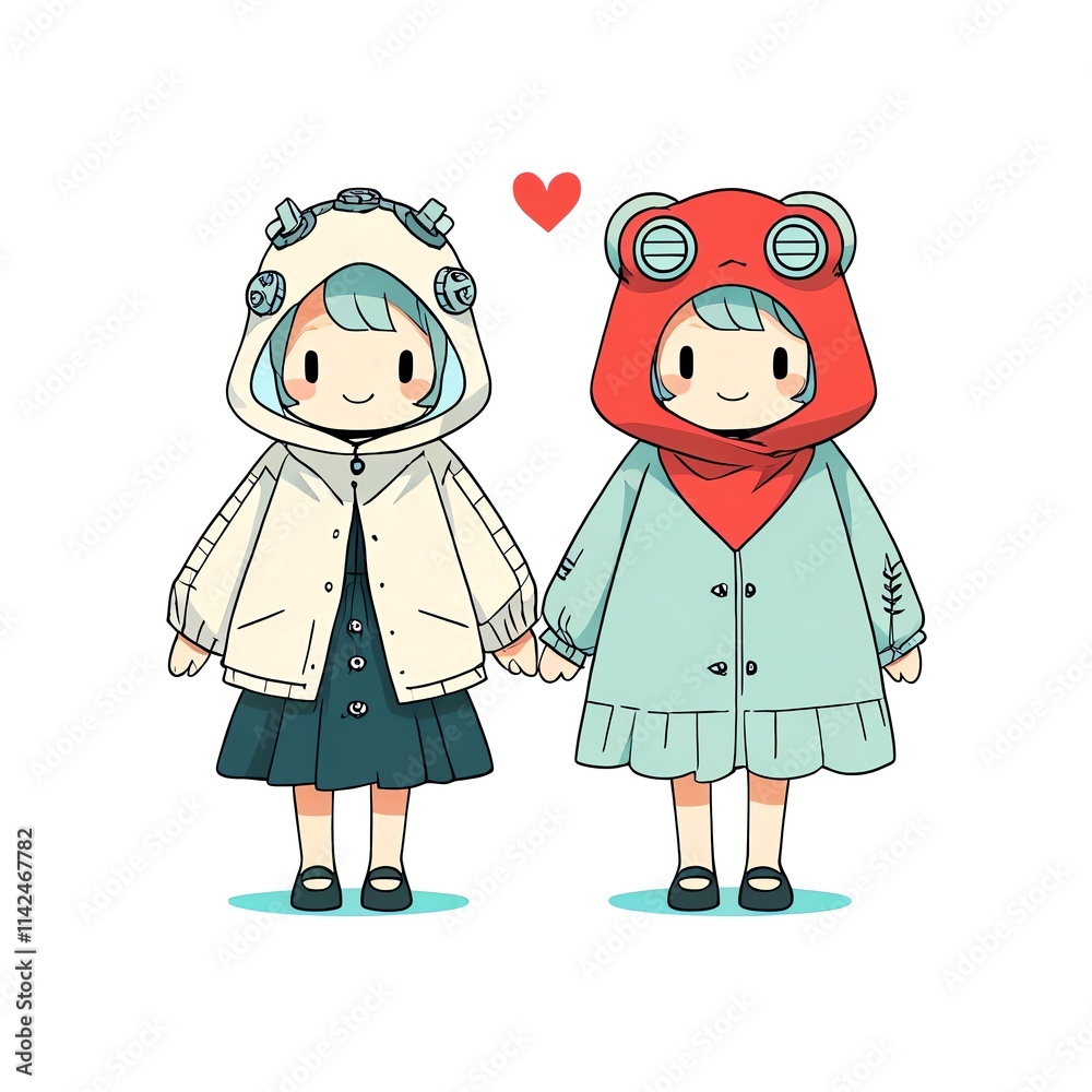 Adorable Anime Girls Holding Hands, Wearing Unique Hoodies, Displaying Friendship and Sweetness. Adorable Anime Girls Holding Hands, Wearing Unique Hoodies, Displaying Friendship and Sweetness.