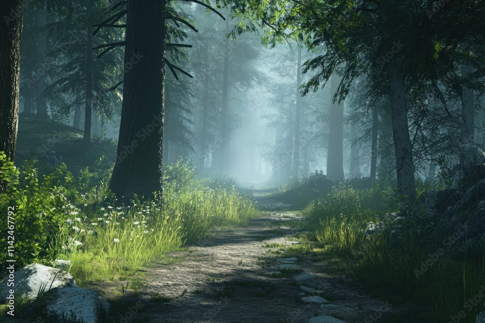 Obraz premium Serene Pathway Through Misty Forest Landscape