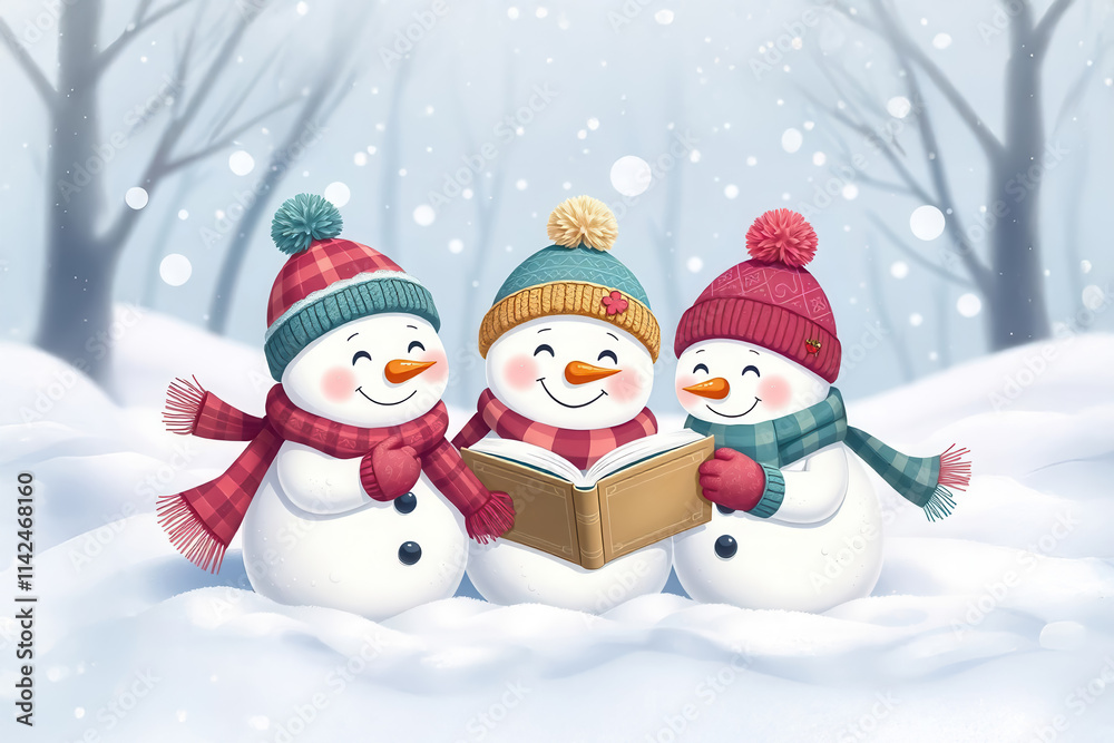Snowman friends reading together in winter wonderland charming illustration for kids whimsical atmosphere Snowman friends reading together in winter wonderland charming illustration for kids whimsical atmosphere