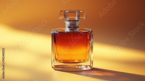 A perfume bottle of amber perfume on a light yellow background.