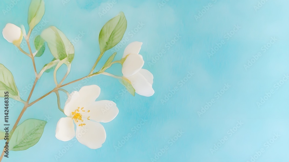 Fototapeta premium Delicate white blossoms on a light blue background