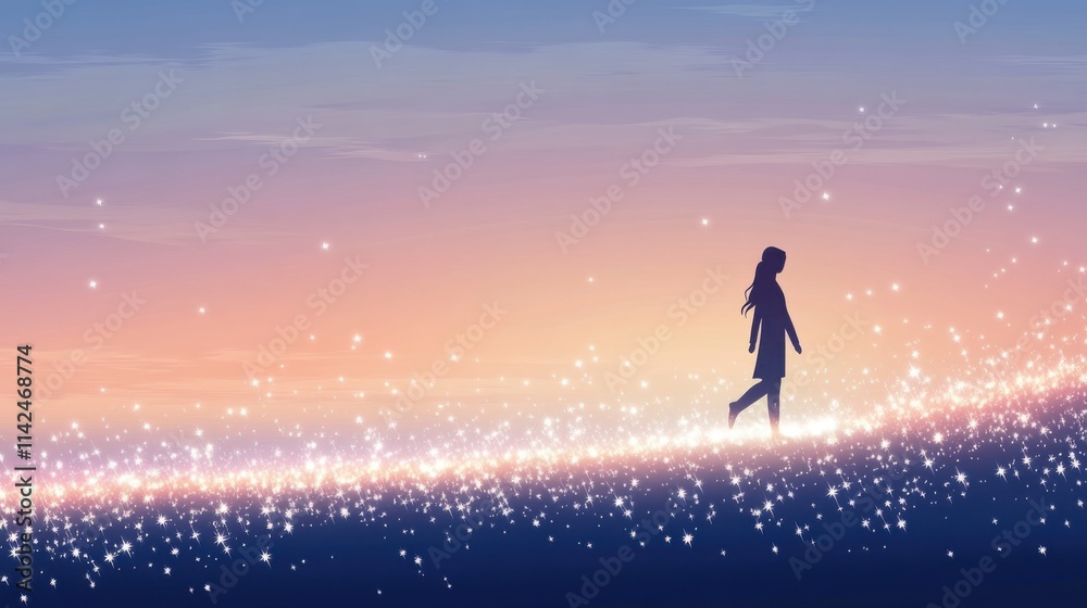 Obraz premium Walking on a Path of Glowing Stars at Twilight