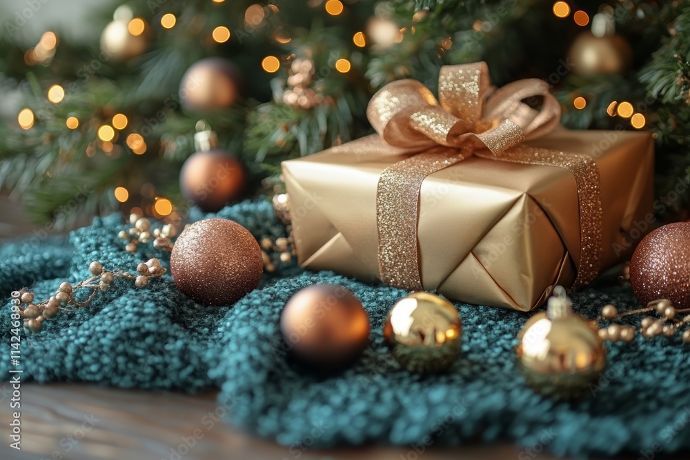 A beautifully wrapped present sits on a table, surrounded by festive ornaments, embodying the spirit of Christmas celebration and joy. A beautifully wrapped present sits on a table, surrounded by festive ornaments, embodying the spirit of Christmas celebration and joy.