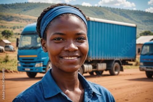 Close portrait of a smiling young Eswatini female truckdriver looking at the camera, against Eswatini blurred background.